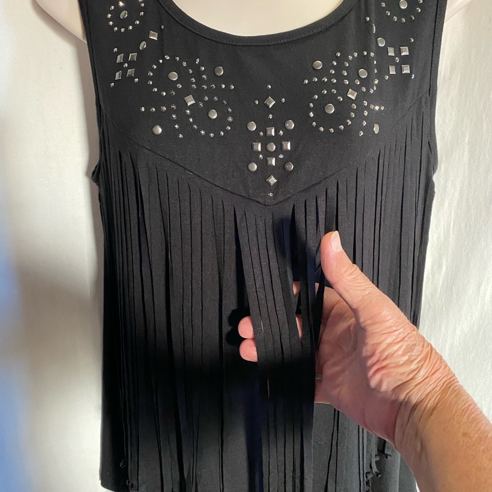 Vocal Deep Black Sleeveless Top, Fringe Front, Round Neckline with Stud Detail - Picture 2 of 11